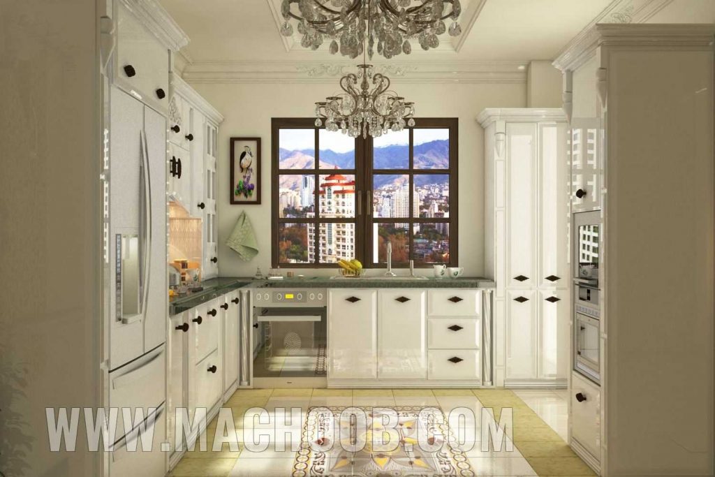 کابینت آشپزخانه انزو سفید با دستگیره های مشکی