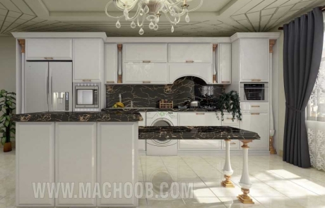 کابینت آشپزخانه رنگ سفید انزو با یراق آلات طلایی