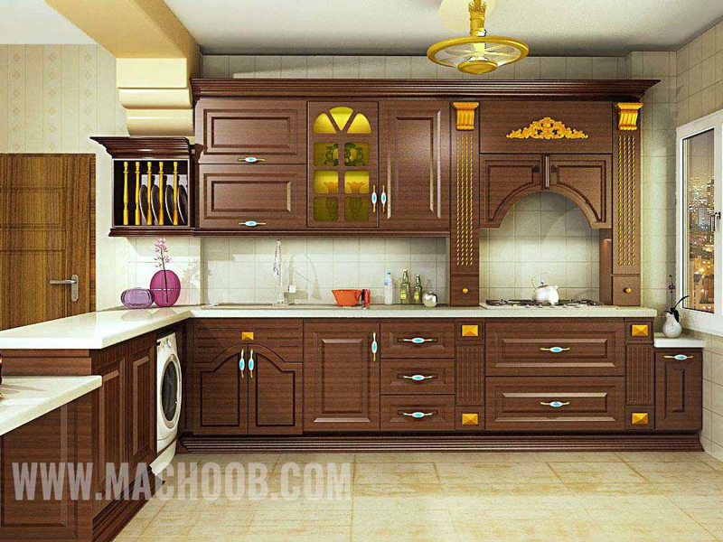 تصویر کابینت آشپزخانه سبک کلاسیک طرح چوب