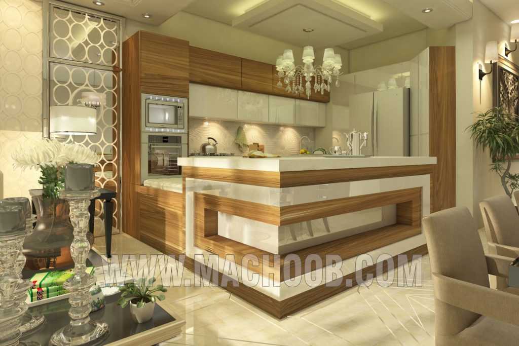 کابینت آشپزخانه جادار ام دی اف ترکیب طرح چوب و سفید