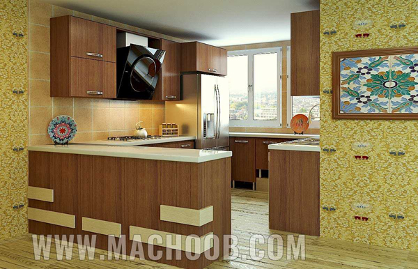 بدنه کابینت آشپزخانه مدرن با طرح چوبی و کرم
