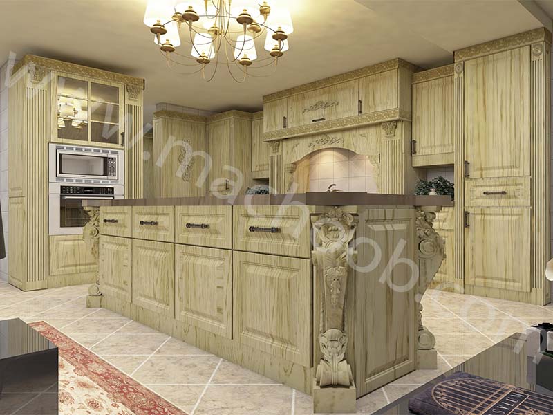 کابینت آشپزخانه روکش چوب سبک کلاسیک با جزیره