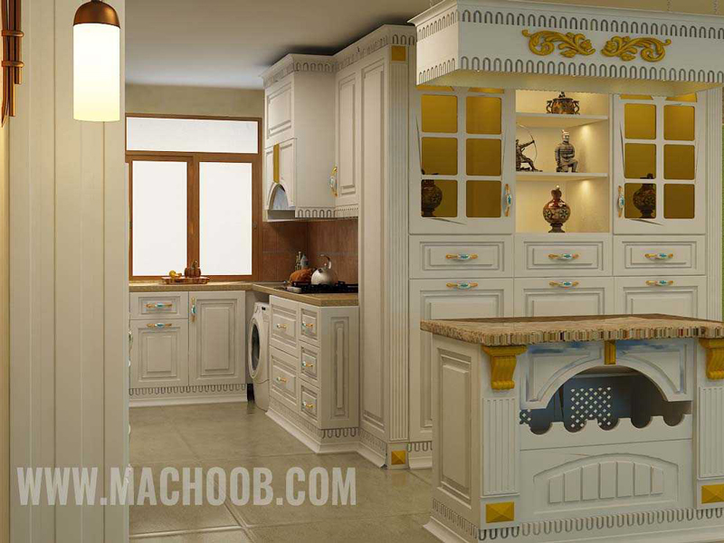 کابینت آشپزخانه به سبک کلاسیک با روکش چوب و صفحه رویه کرم