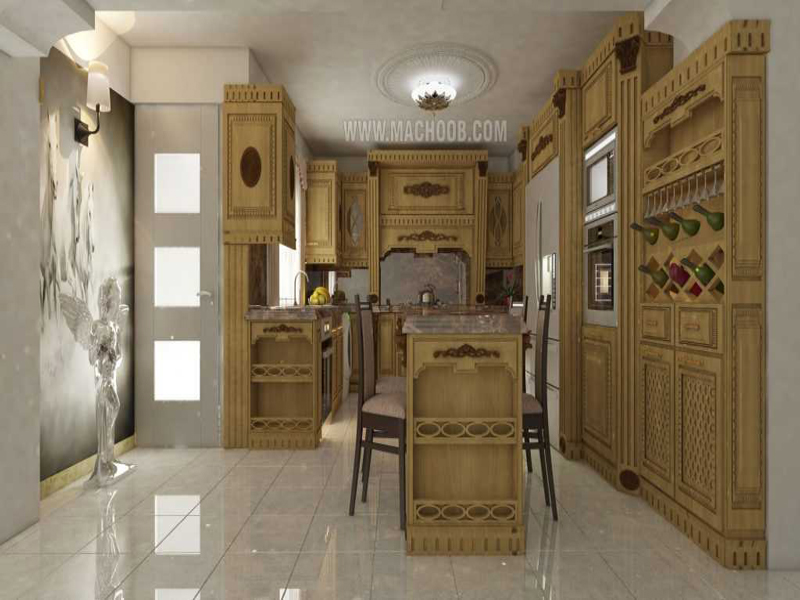 کابینت آشپزخانه کلاسیک روکش چوب قهوه ای همراه با جزیره ناهار خوری