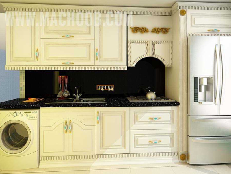 کابینت آشپزخانه روکش چوب سفید با سنگ روی کابینتی