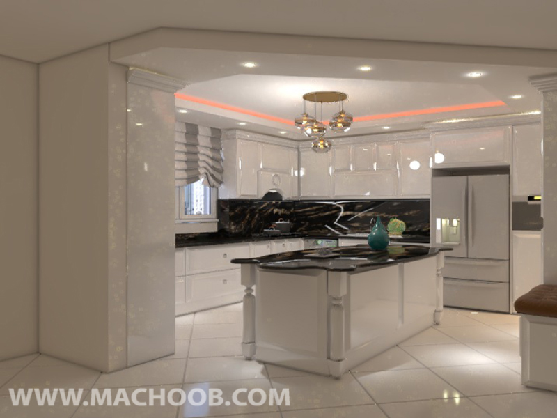 کابینت آشپزخانه نئوکلاسیک سبک انزو سفید براق با جزیره